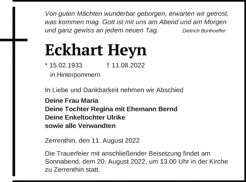  Traueranzeige für Eckhart Heyn vom 13.08.2022 aus Pasewalker Zeitung