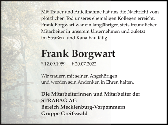 Traueranzeigen Von Frank Borgwart Trauer Nordkurier