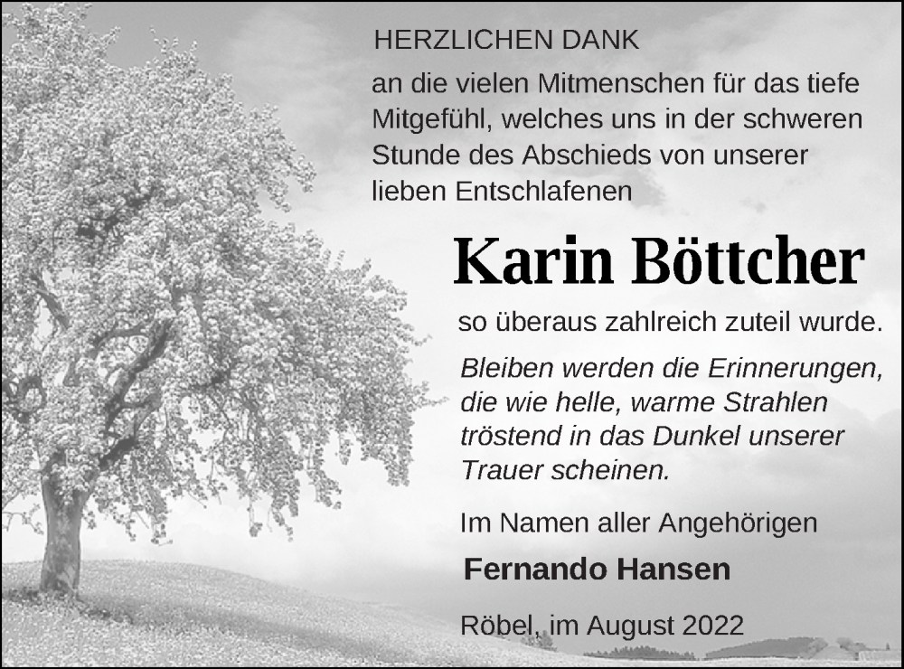 Traueranzeigen Von Karin B Ttcher Trauer Nordkurier