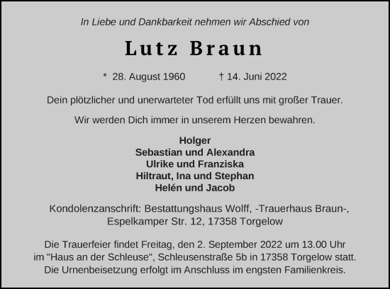 Traueranzeigen Von Lutz Braun Trauer Nordkurier