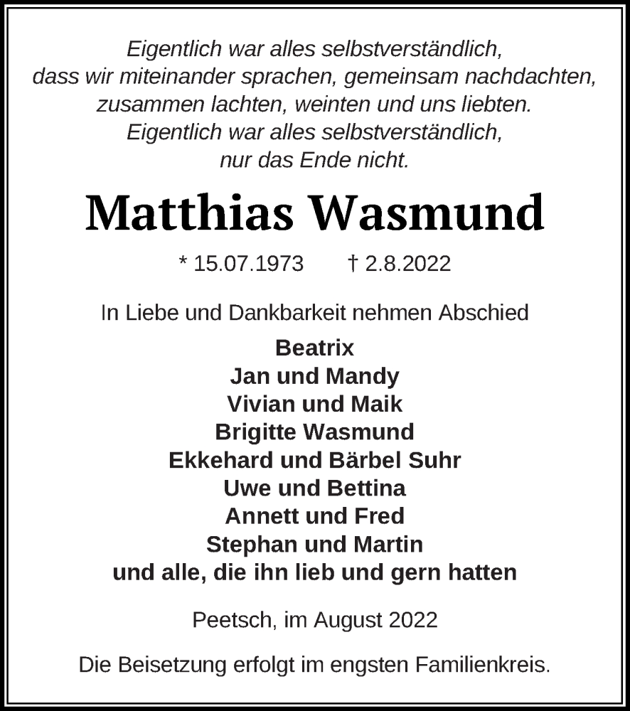  Traueranzeige für Matthias Wasmund vom 09.08.2022 aus Strelitzer Zeitung