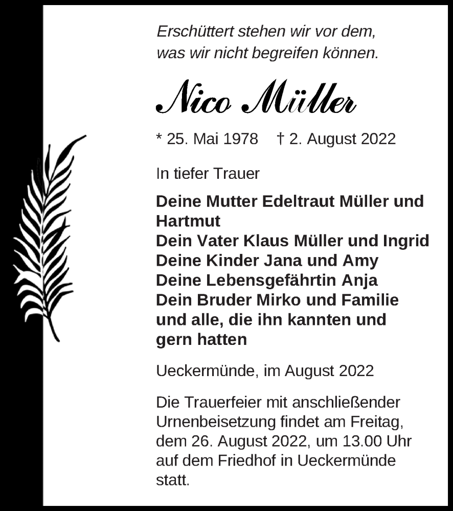  Traueranzeige für Nico Müller vom 13.08.2022 aus Haff-Zeitung