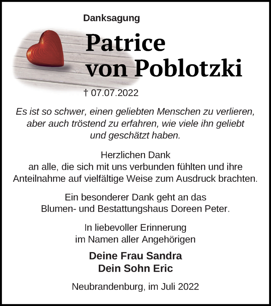  Traueranzeige für Patrice von Poblotzki vom 05.08.2022 aus Neubrandenburger Zeitung