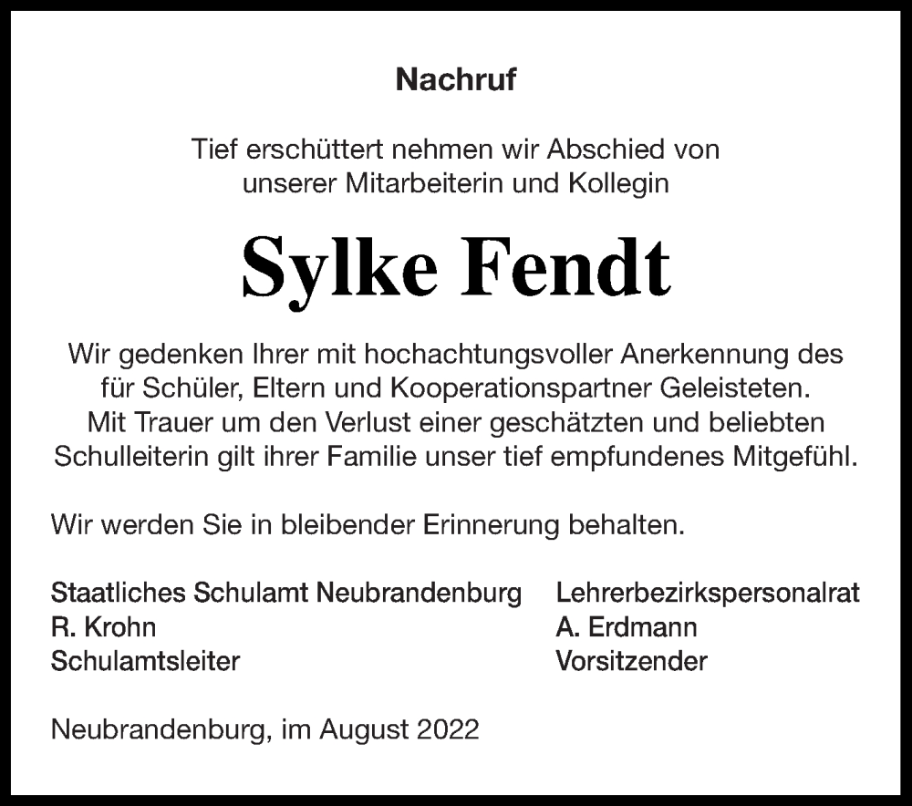  Traueranzeige für Sylke Fendt vom 13.08.2022 aus Müritz-Zeitung