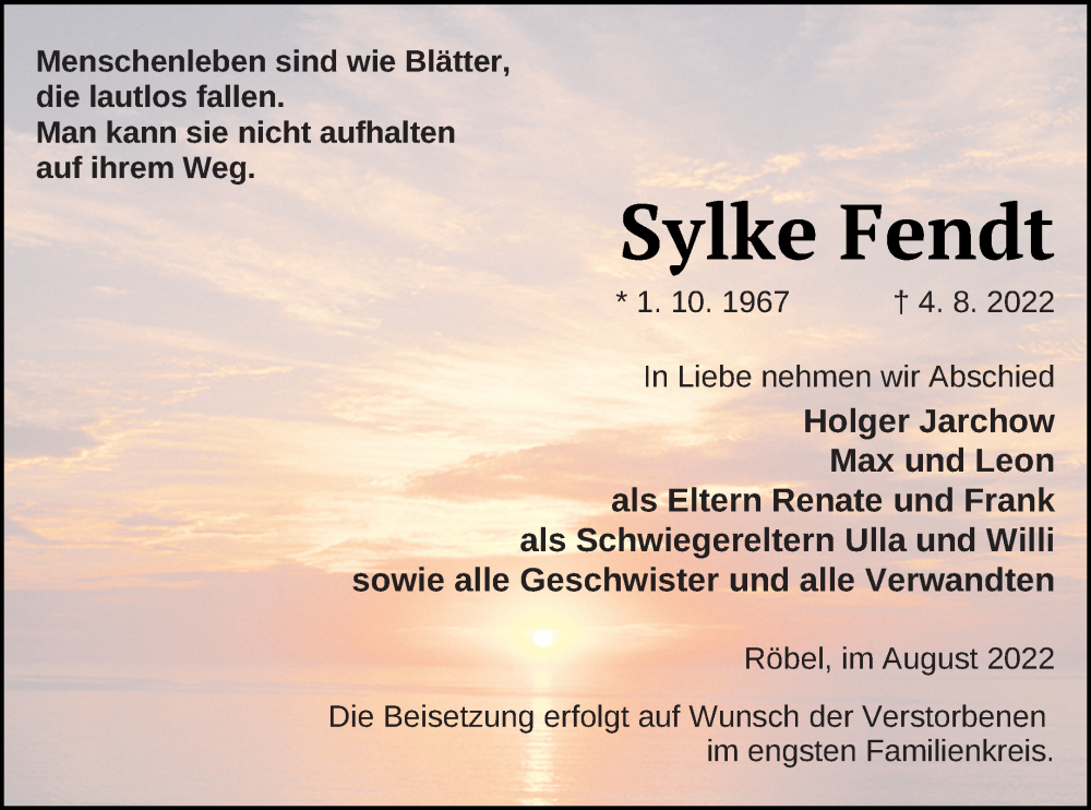  Traueranzeige für Sylke Fendt vom 09.08.2022 aus Müritz-Zeitung