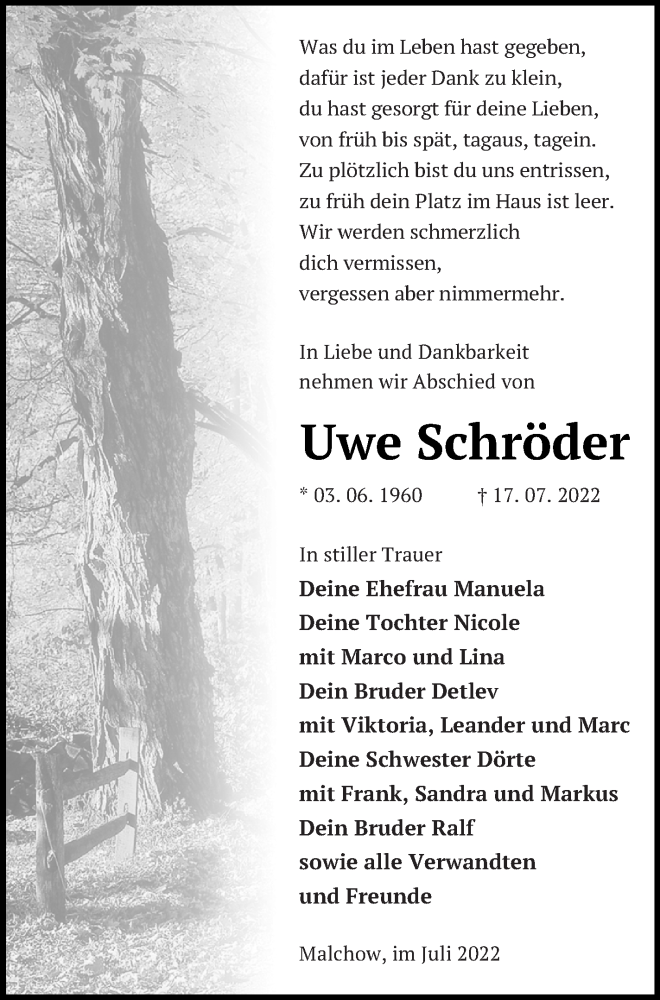  Traueranzeige für Uwe Schröder vom 06.08.2022 aus Müritz-Zeitung