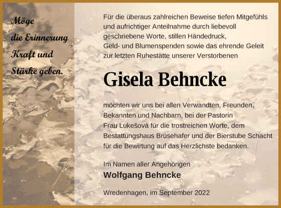Traueranzeige von Gisela Behncke von Müritz-Zeitung