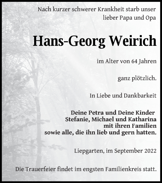 Traueranzeigen Von Hans Georg Weirich Trauer Nordkurier