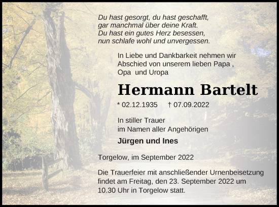 Traueranzeigen Von Hermann Bartelt Trauer Nordkurier