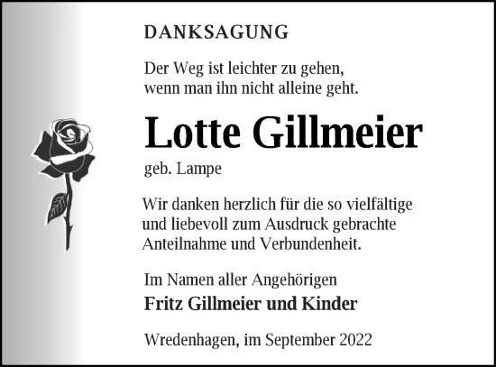 Traueranzeige von Lotte Gillmeier von Müritz-Zeitung