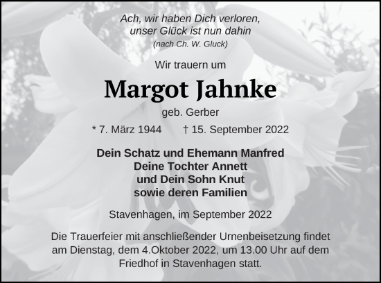 Traueranzeigen Von Margot Jahnke Trauer Nordkurier