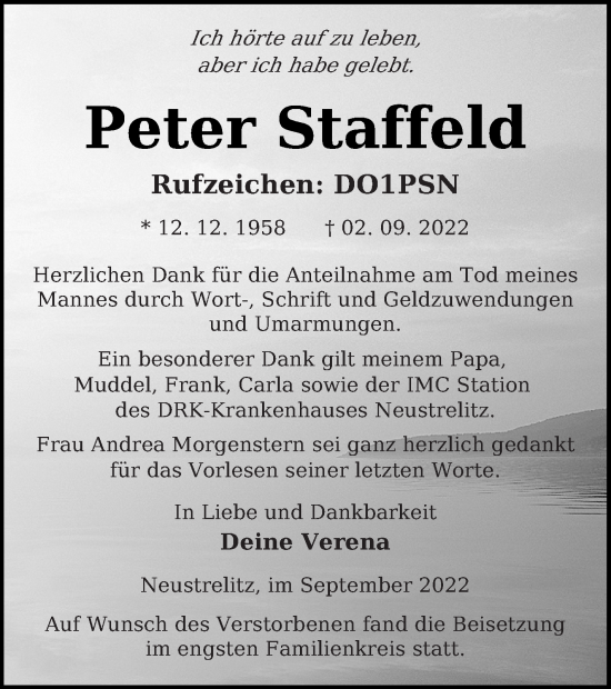 Traueranzeigen Von Peter Staffeld Trauer Nordkurier