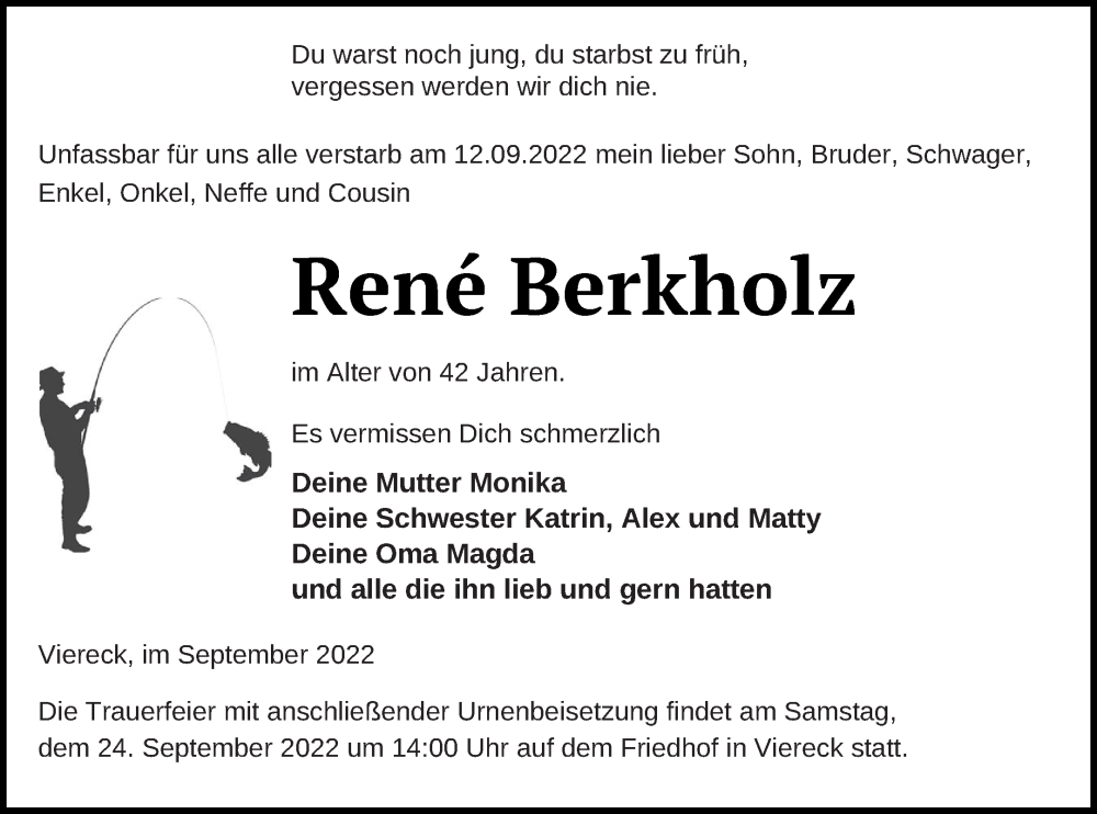  Traueranzeige für René Berkholz vom 16.09.2022 aus Pasewalker Zeitung