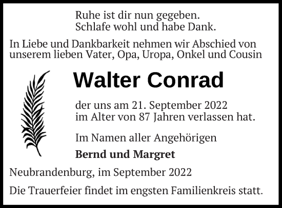 Traueranzeigen Von Walter Conrad Trauer Nordkurier