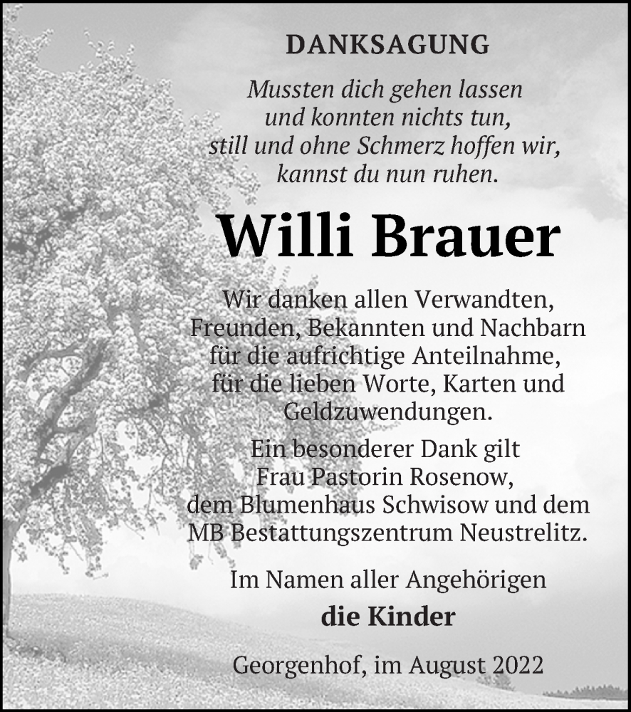 Traueranzeigen Von Willi Brauer Trauer Nordkurier