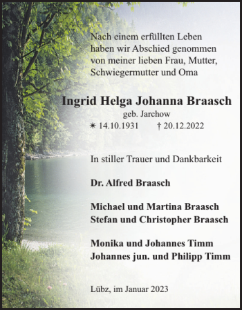 Traueranzeigen Von Ingrid Helga Johanna Braasch Trauer Nordkurier