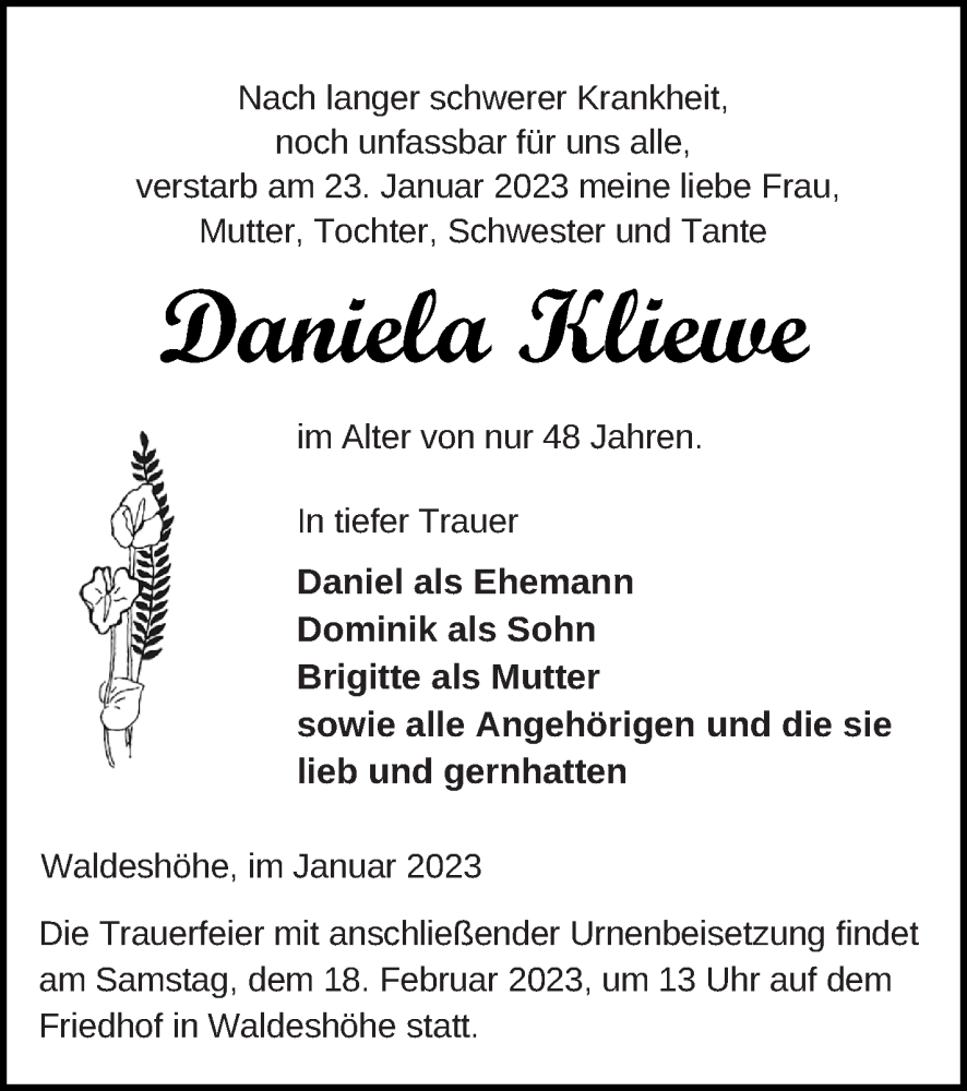  Traueranzeige für Daniela Kliewe vom 27.01.2023 aus Pasewalker Zeitung