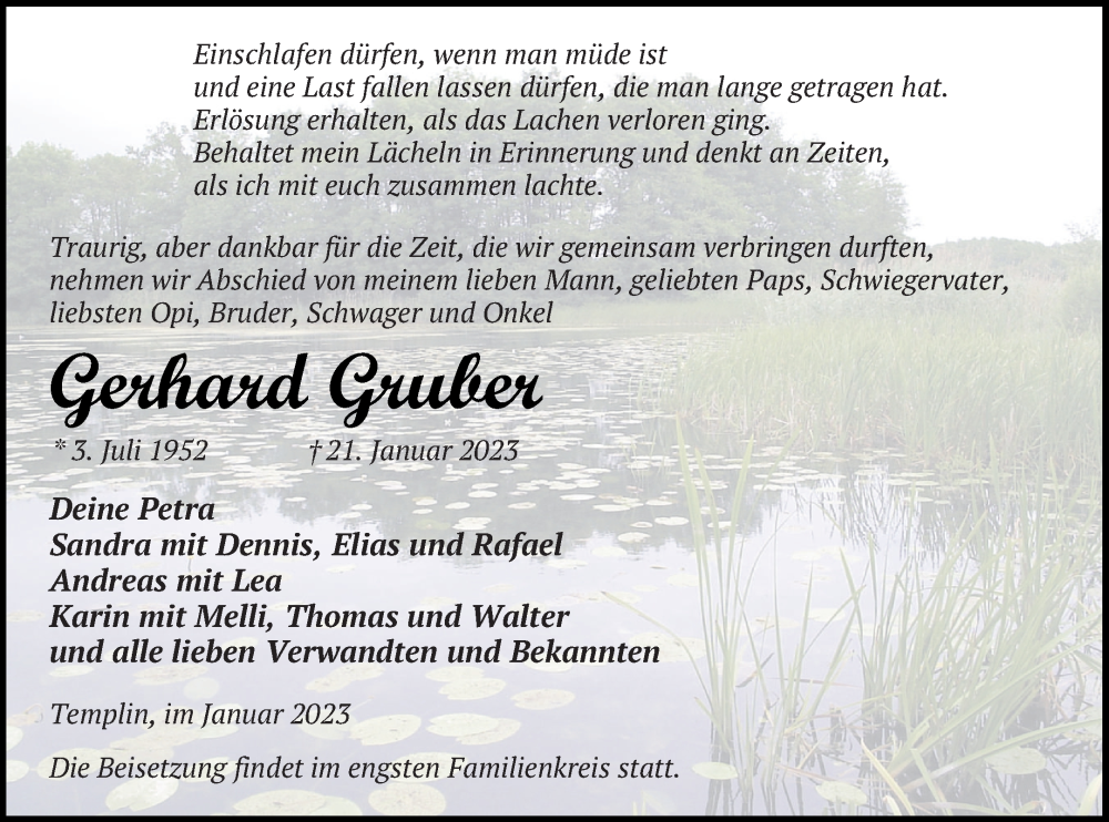  Traueranzeige für Gerhard Gruber vom 25.01.2023 aus Templiner Zeitung
