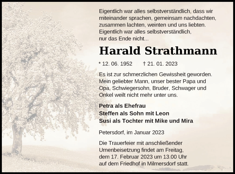  Traueranzeige für Harald Strathmann vom 27.01.2023 aus Pasewalker Zeitung