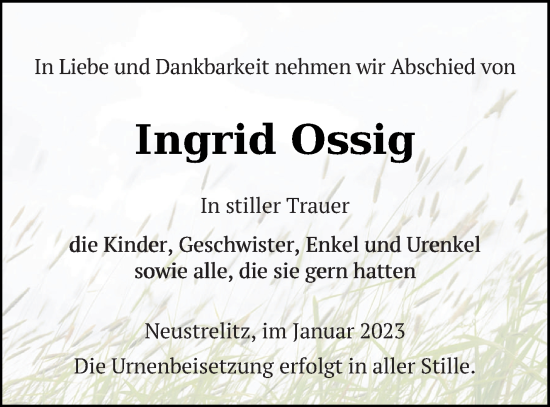 Traueranzeigen Von Ingrid Ossig Trauer Nordkurier