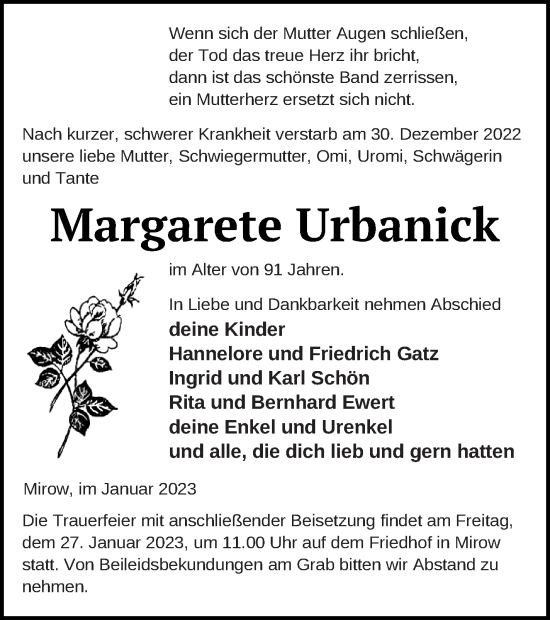 Traueranzeigen Von Margarete Urbanick Trauer Nordkurier