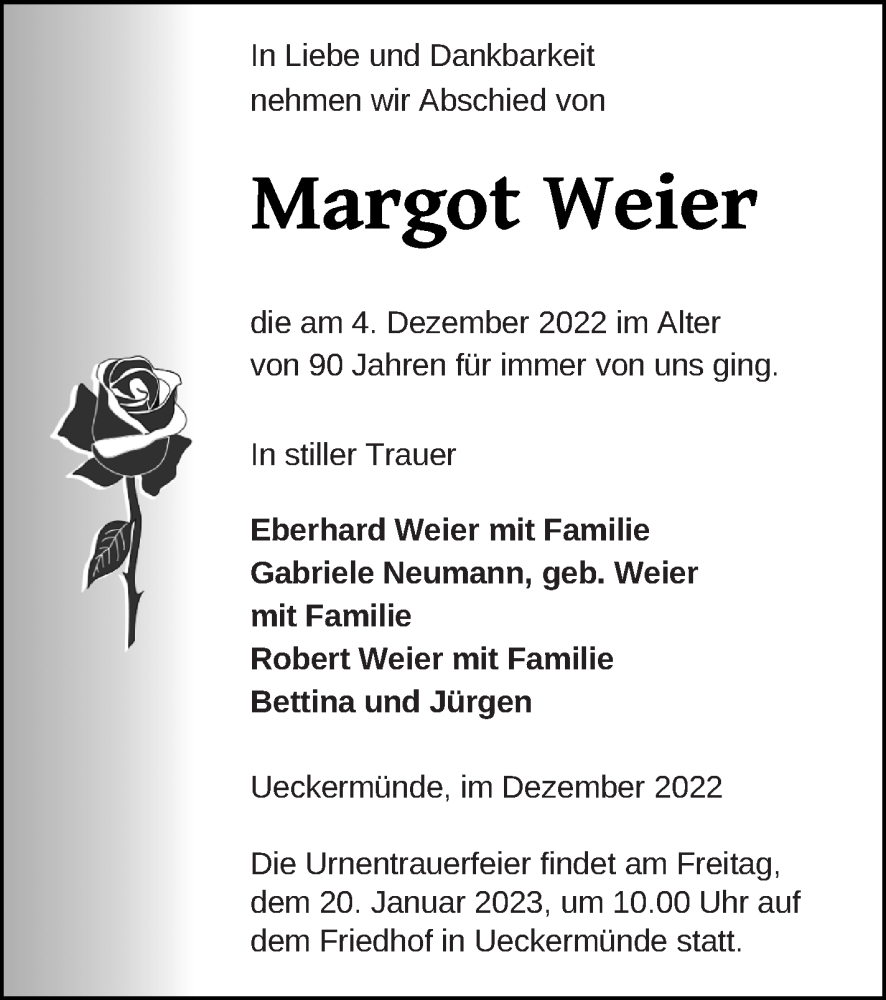  Traueranzeige für Margot Weier vom 06.01.2023 aus Haff-Zeitung
