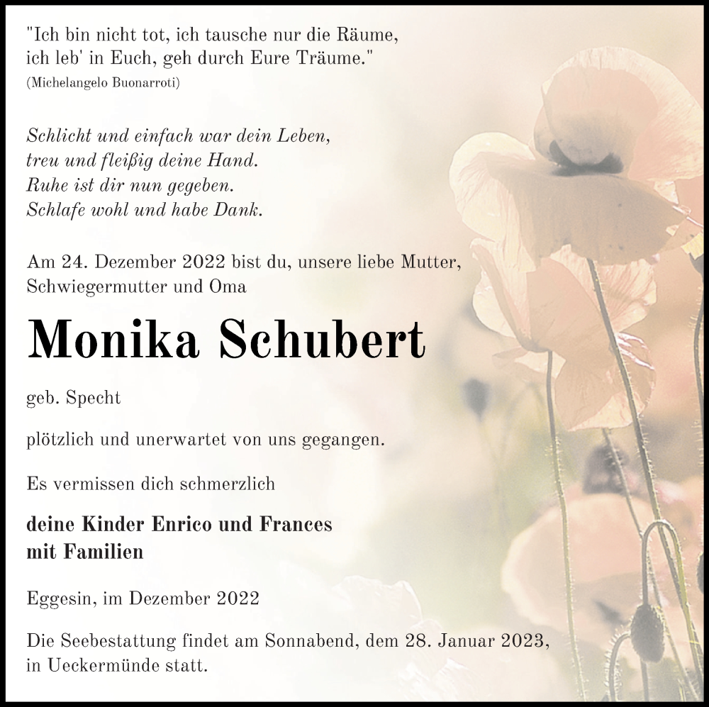  Traueranzeige für Monika Schubert vom 07.01.2023 aus Haff-Zeitung