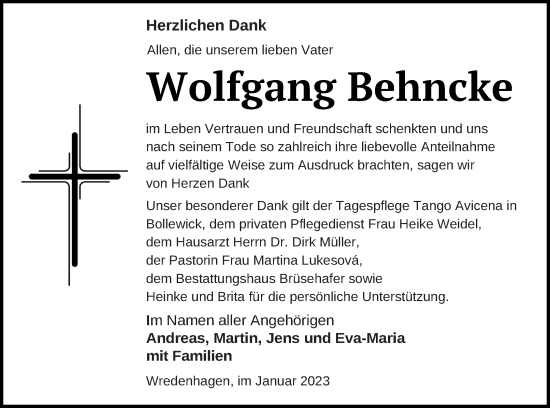 Traueranzeige von Wolfgang Behncke von Müritz-Zeitung