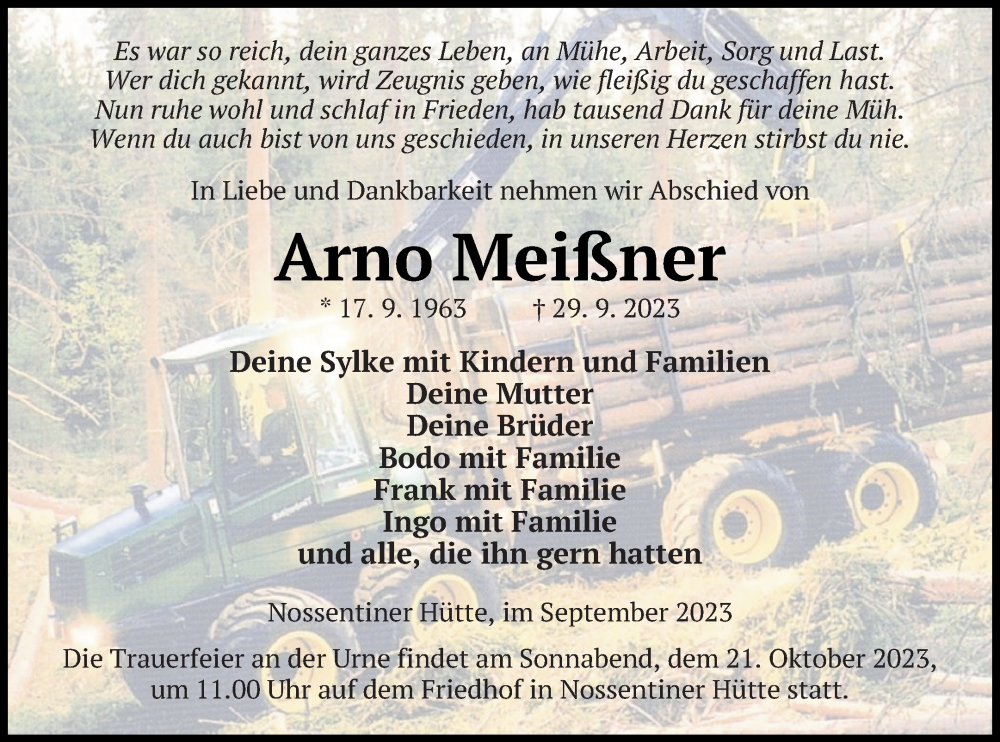 Traueranzeige für Arno Meißner vom 07.10.2023 aus Müritz-Zeitung