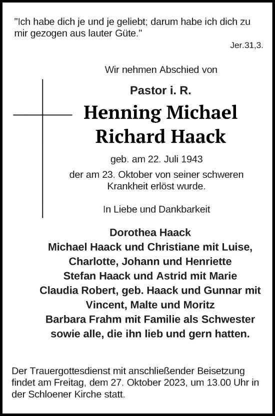Traueranzeige von Henning Michael Richard Haack von Müritz-Zeitung