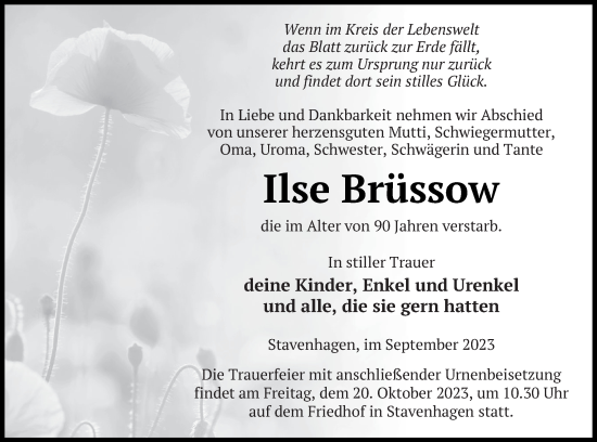 Traueranzeigen von Ilse Brüssow Trauer Nordkurier