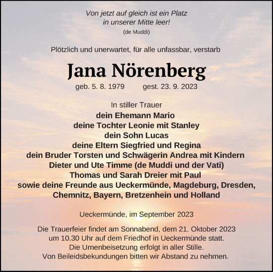 Traueranzeigen von Jana Nörenberg Trauer Nordkurier