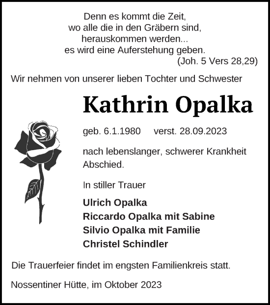 Traueranzeige von Kathrin Opalka von Müritz-Zeitung