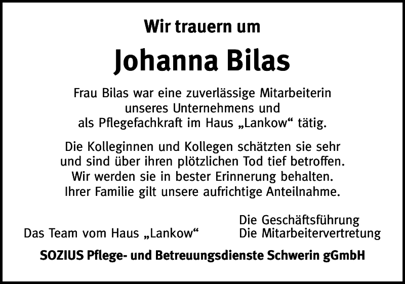 Traueranzeigen Von Johanna Bilas Trauer Nordkurier