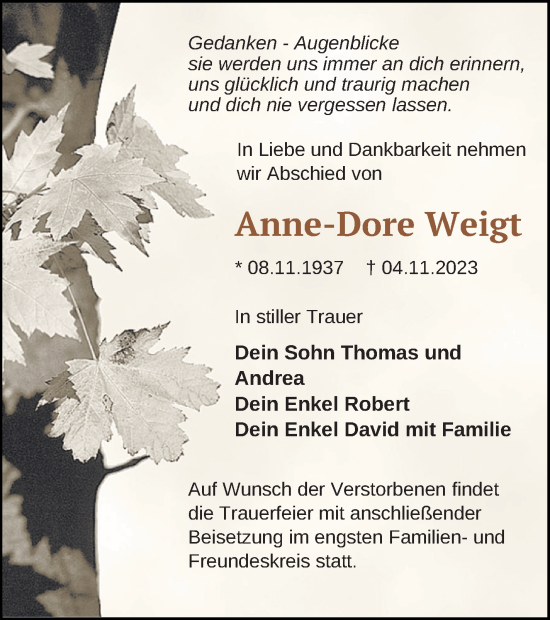 Traueranzeigen Von Anne Dore Weigt Trauer Nordkurier