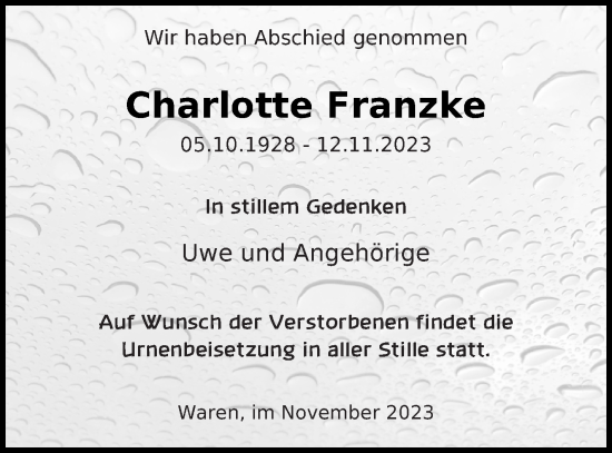 Traueranzeige von Charlotte Franzke von Müritz-Zeitung