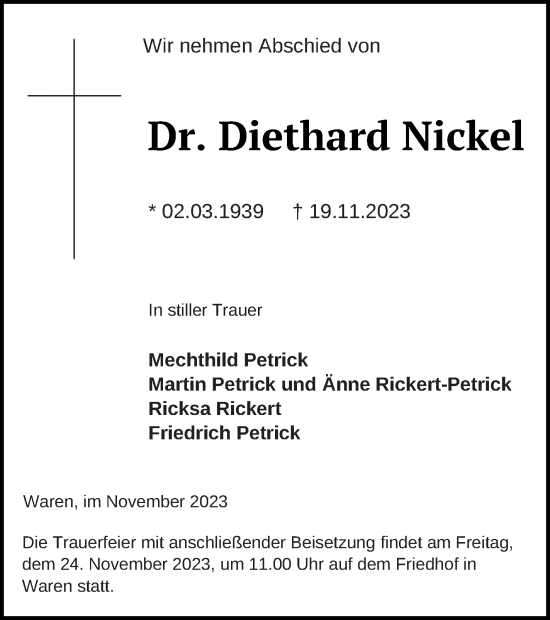 Traueranzeige von Diethard Nickel von Müritz-Zeitung