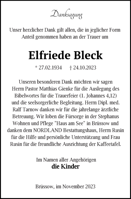 Traueranzeige von Elfriede Bleck von Prenzlauer Zeitung