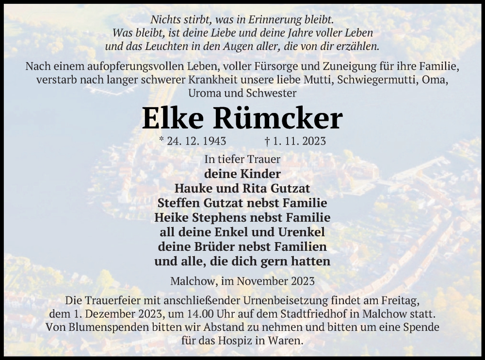  Traueranzeige für Elke Rümcker vom 04.11.2023 aus Müritz-Zeitung