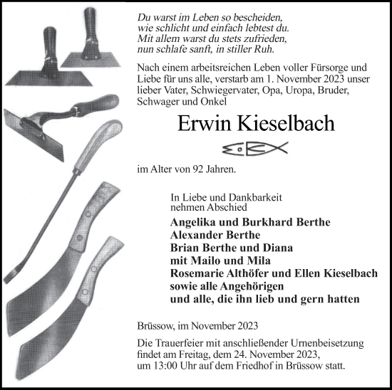 Traueranzeige von Erwin Kieselbach von Pasewalker Zeitung