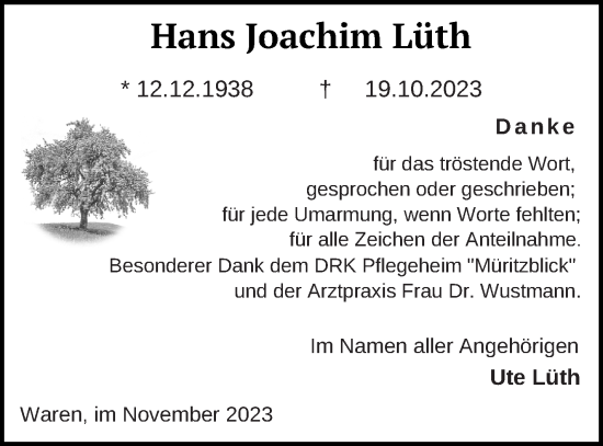 Traueranzeige von Hans Joachim Lüth von Müritz-Zeitung