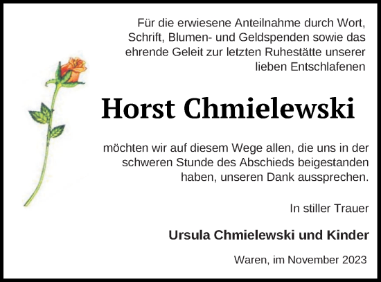 Traueranzeige von Horst Chmielewski von Müritz-Zeitung