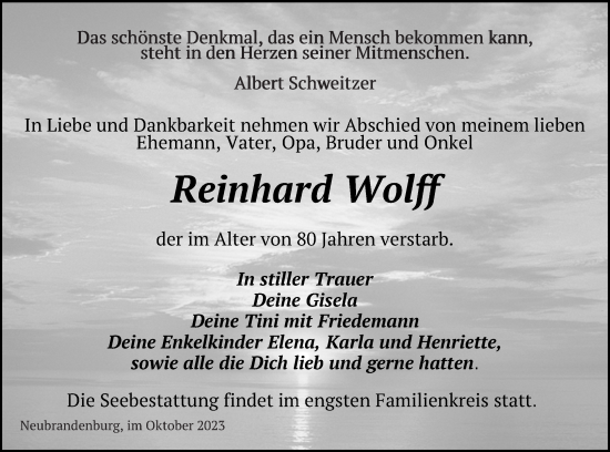 Traueranzeigen Von Reinhard Wolff Trauer Nordkurier