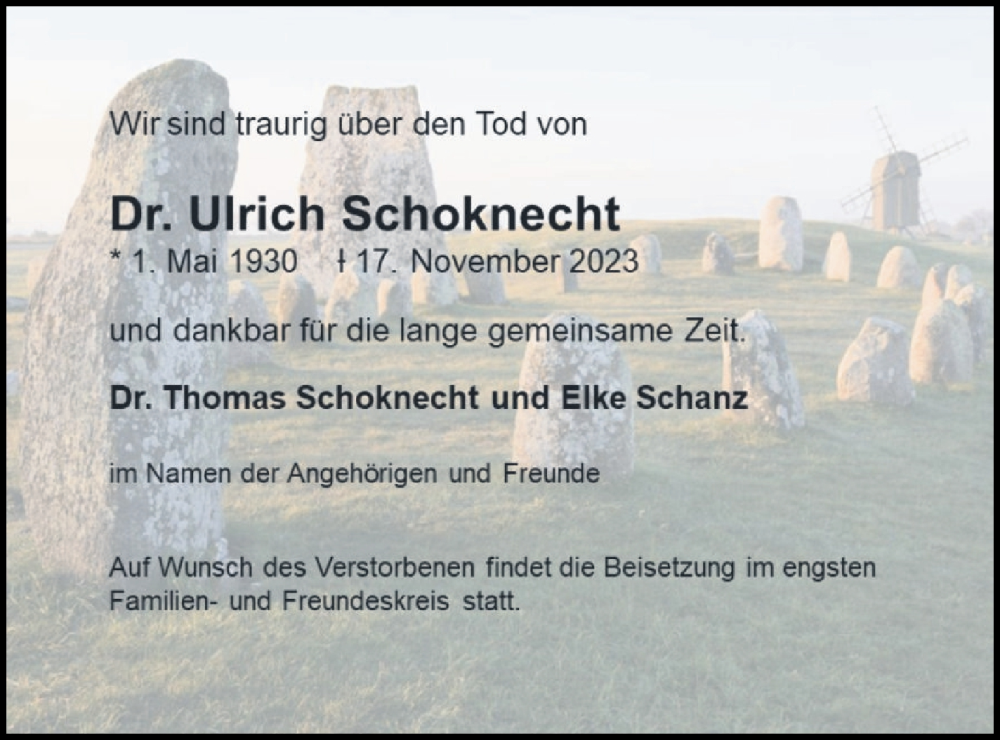  Traueranzeige für Ulrich Schoknecht vom 24.11.2023 aus Müritz-Zeitung