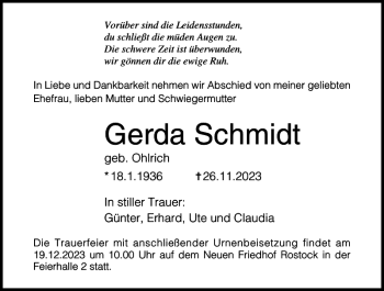 Traueranzeigen Von Gerda Schmidt Trauer Nordkurier