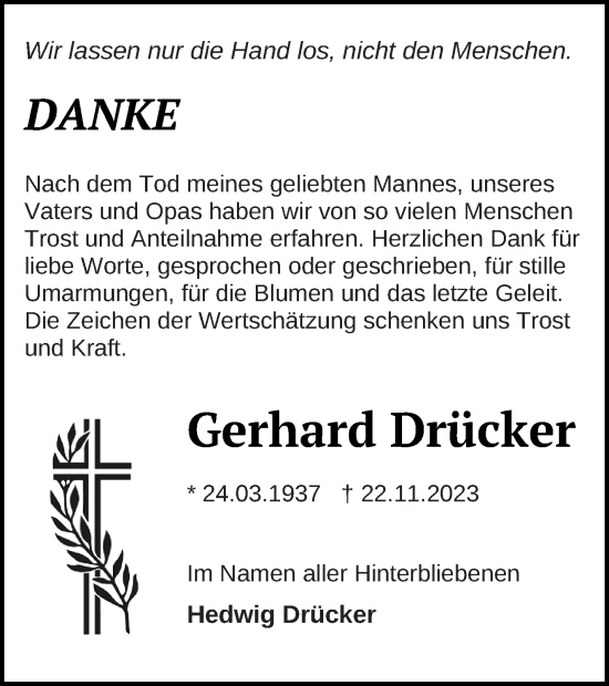 Traueranzeige von Gerhard Drücker von Mecklenburger Schweiz