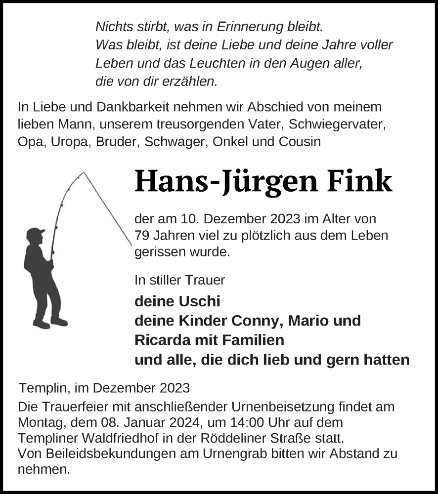  Traueranzeige für Hans-Jürgen Fink vom 27.12.2023 aus Templiner Zeitung