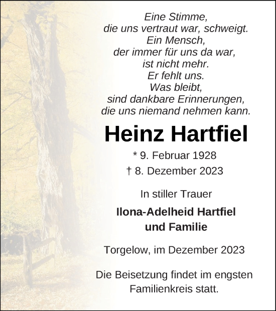 Traueranzeigen Von Heinz Hartfiel Trauer Nordkurier