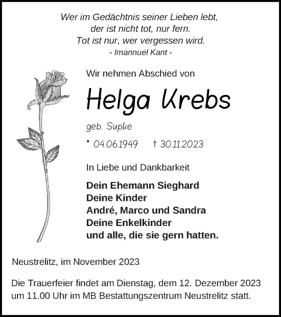 Traueranzeigen Von Helga Krebs Trauer Nordkurier