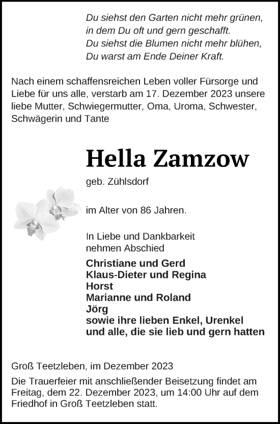 Traueranzeige von Hella Zamzow von Neubrandenburger Zeitung